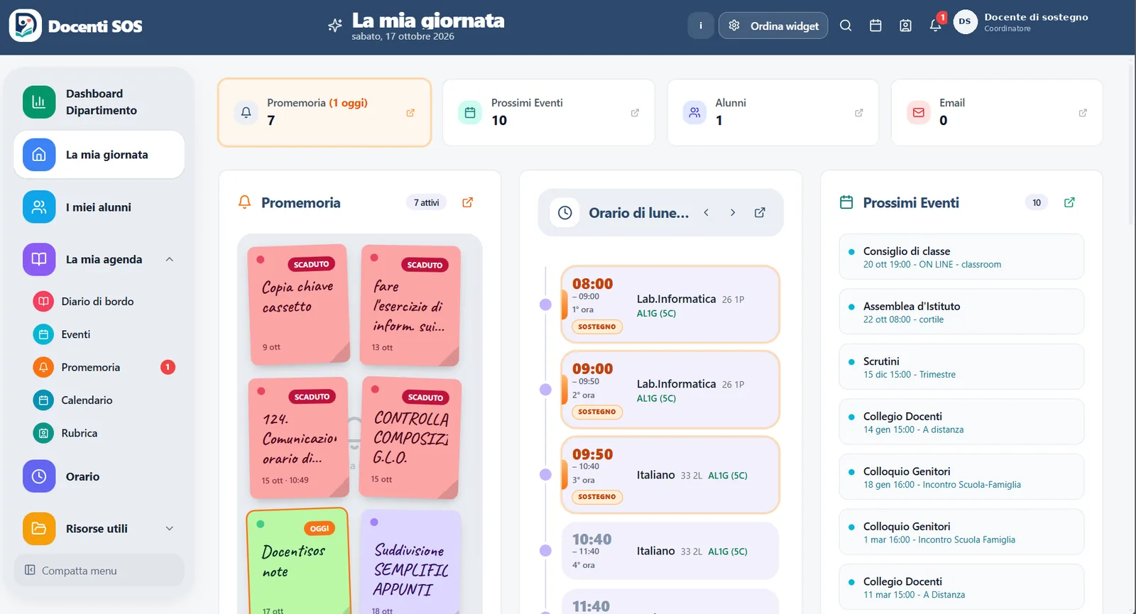 Dashboard docente di DocentiSOS: la giornata con promemoria, orario del giorno e prossimi eventi
