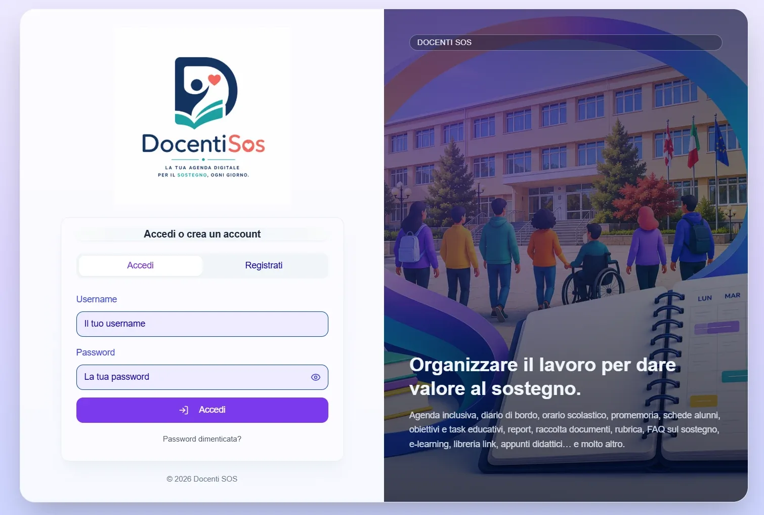 Schermata di accesso a DocentiSOS con il claim Organizzare il lavoro per dare valore al sostegno