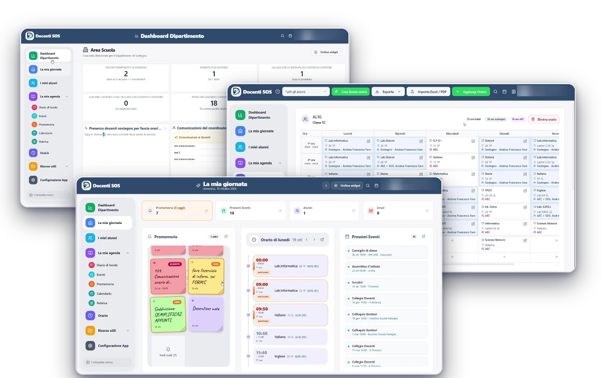 Panoramica DocentiSOS: dashboard di dipartimento, gestione dell'orario e giornata del docente