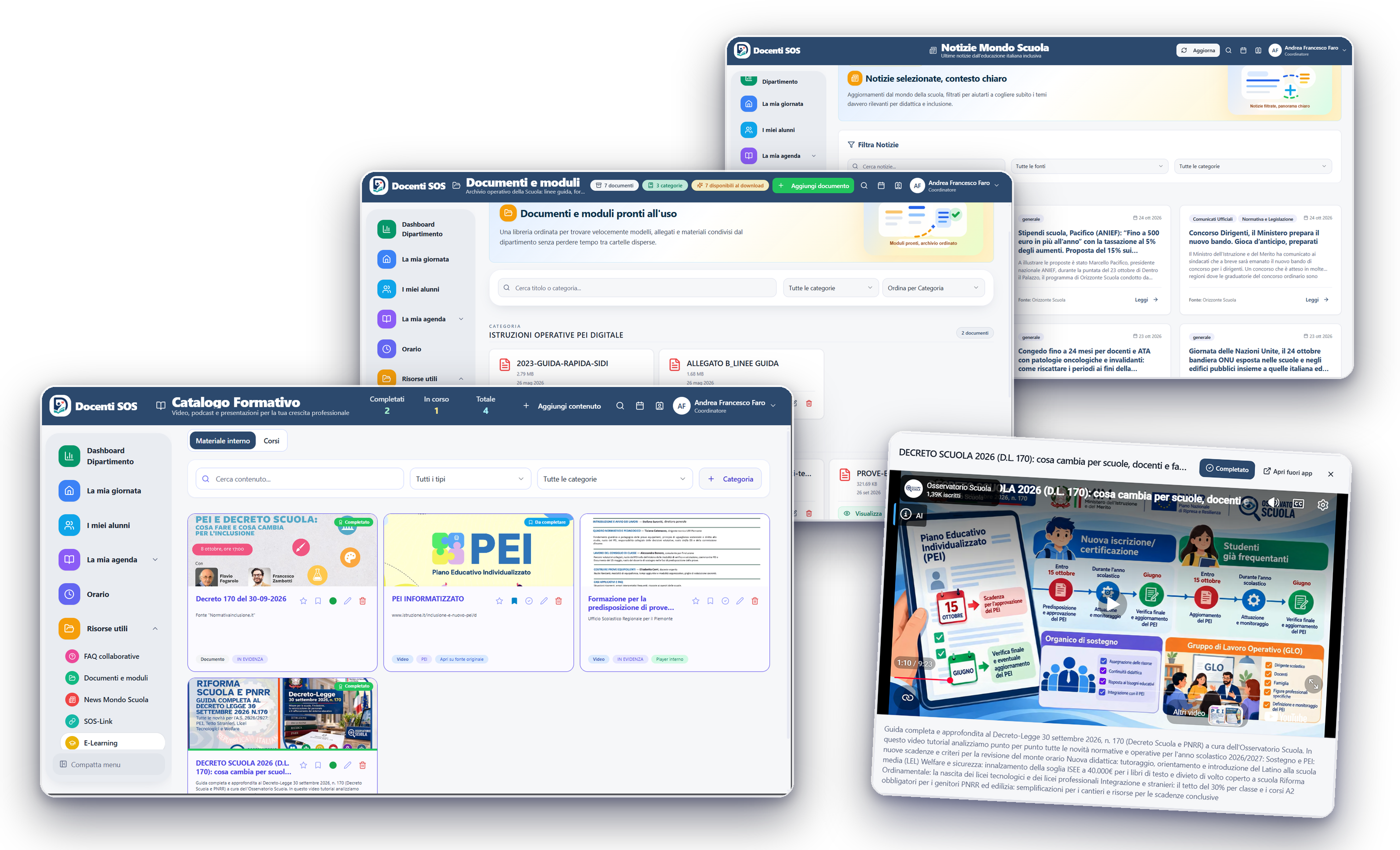 Panoramica delle risorse DocentiSOS: notizie, documenti e moduli, catalogo formativo e video